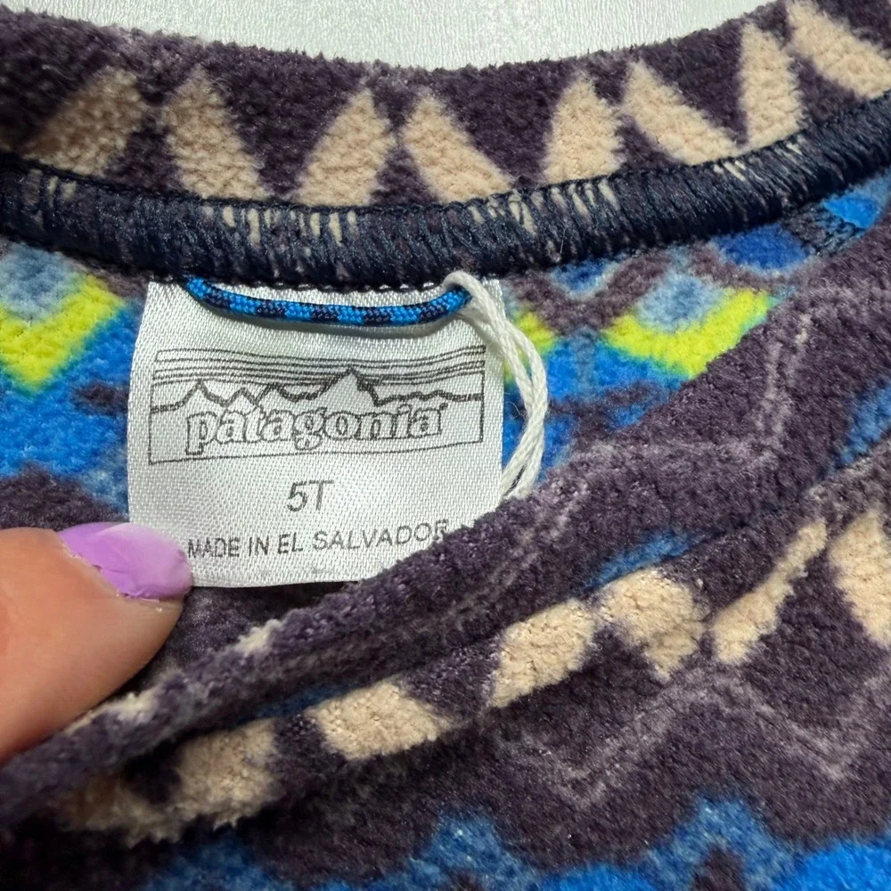 PATAGONIA Fleece Pullover Blue Geometric Fair Isle Micro D Kids 5T PLAY COND